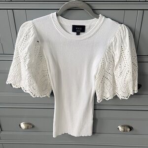 VICI White Puff Sleeve Eyelet Knit Tee